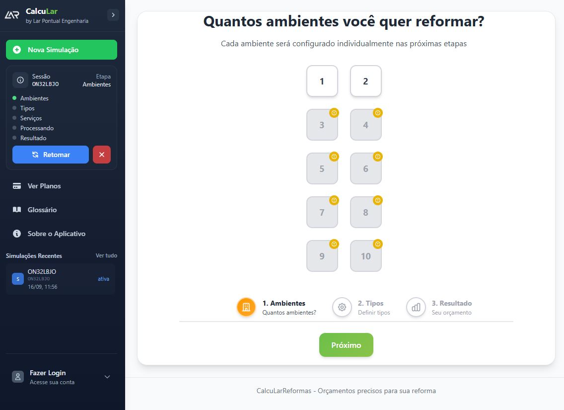 Simulador de reforma - Tela inicial para configuração de ambientes no simulador