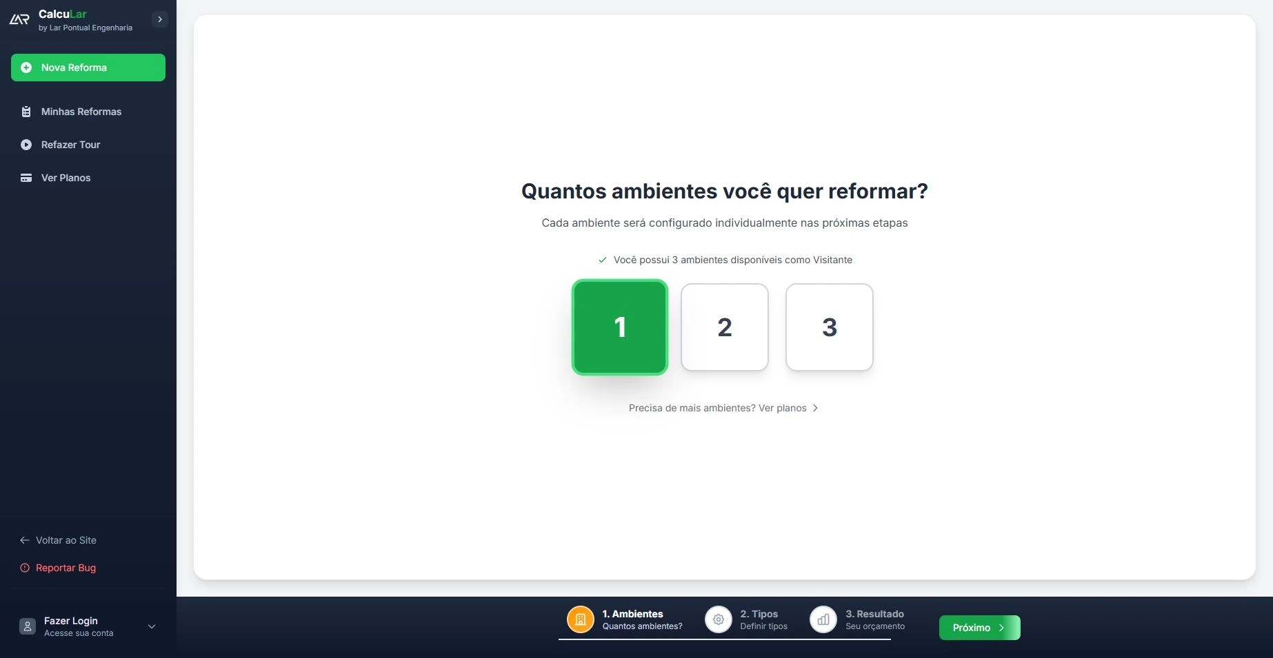 Tela de seleção de quantidade de ambientes na CalcuLar