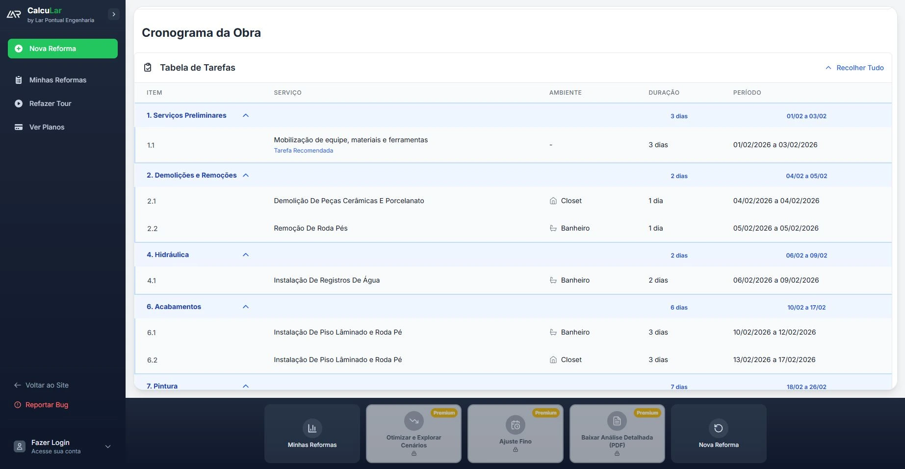 Lista de tarefas detalhada para acompanhamento da reforma
