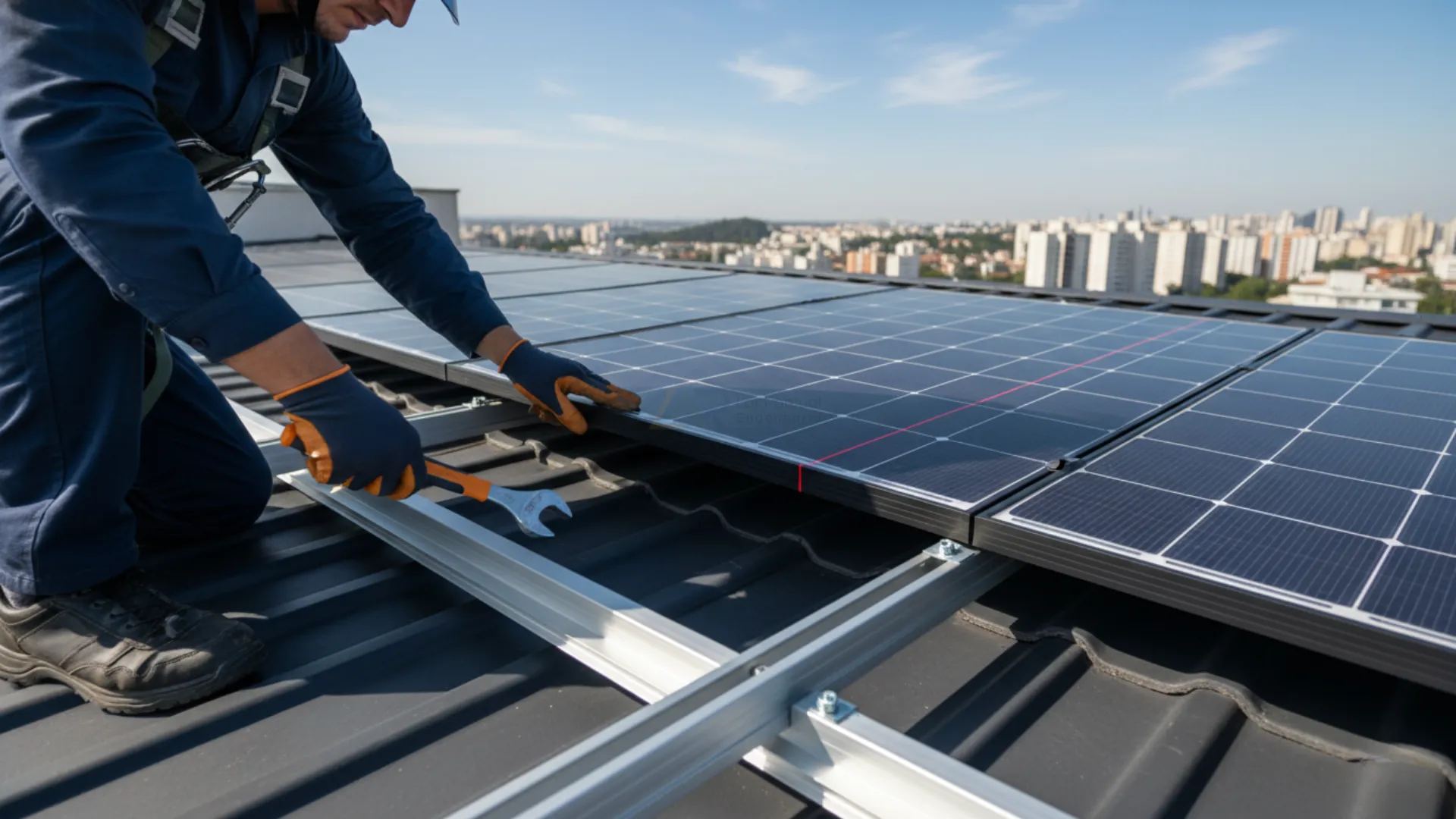 Instalação técnica de painéis fotovoltaicos de última geração integrados à arquitetura residencial com foco em ROI e eficiência.