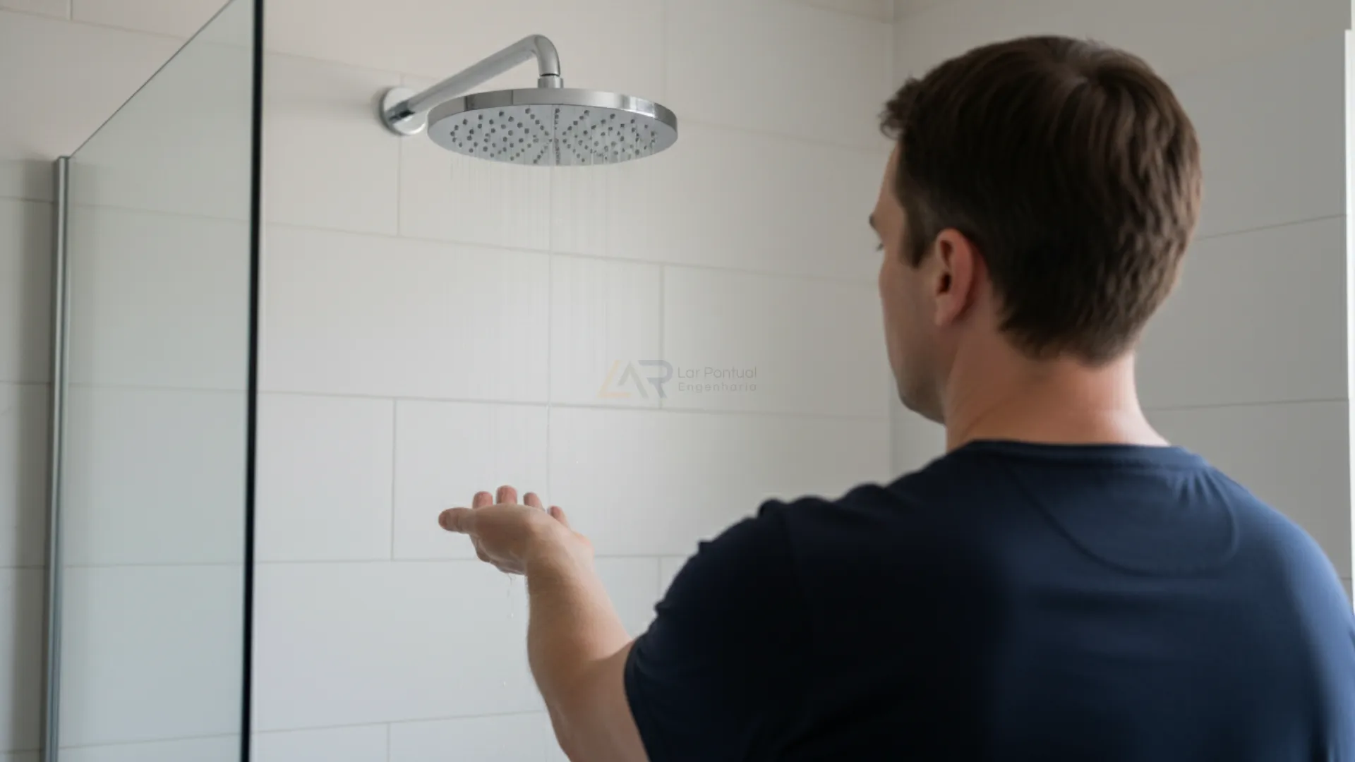 Morador testa o fluxo fraco do chuveiro de teto em banheiro de apartamento, com água saindo sem pressão.