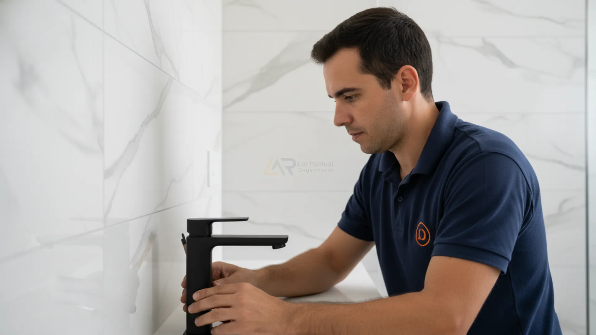 Instalação técnica de metais sanitários em reforma de banheiro de alto padrão, focando na precisão do acabamento e alinhamento de componentes.