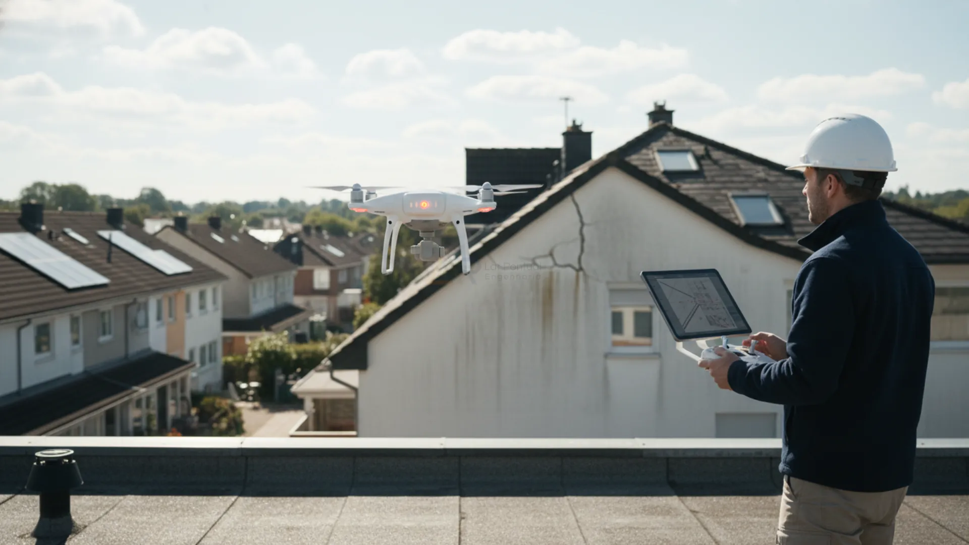 Engenheiro perito, portando drones e tablets avançados, documentando trincas estruturais no entorno sob as rigorosas regras judiciais visando embargar oportunistas.