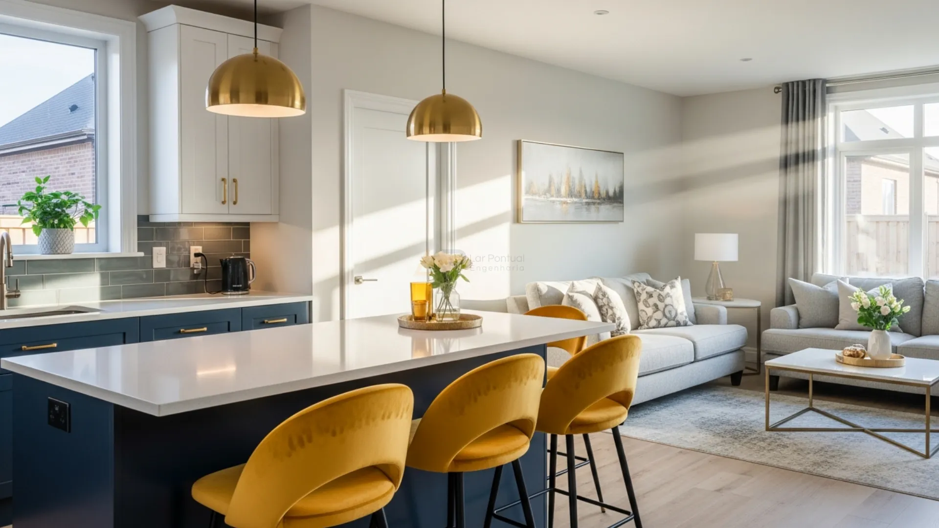 Simulação tridimensional ilustrando integração de ambientes entre cozinha americana em ilha e sala de estar.