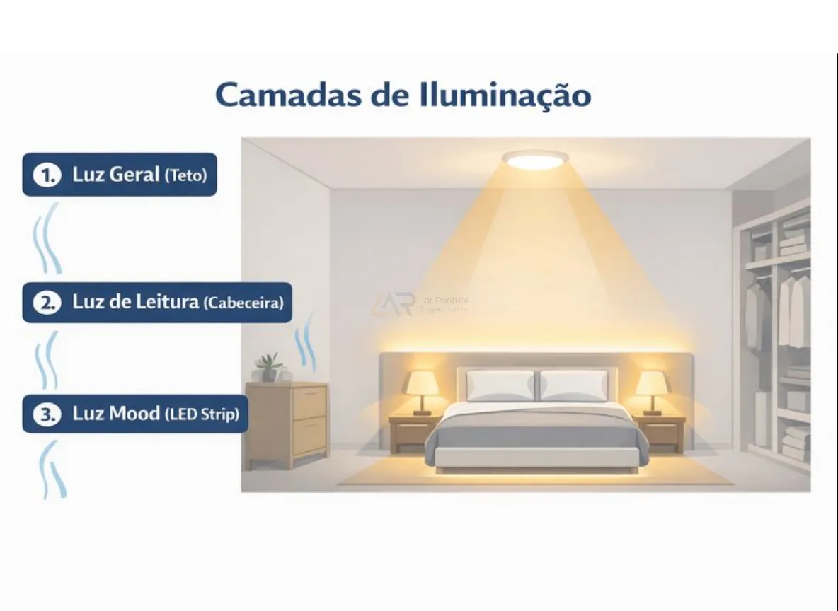 Esquema de iluminação em camadas para quarto