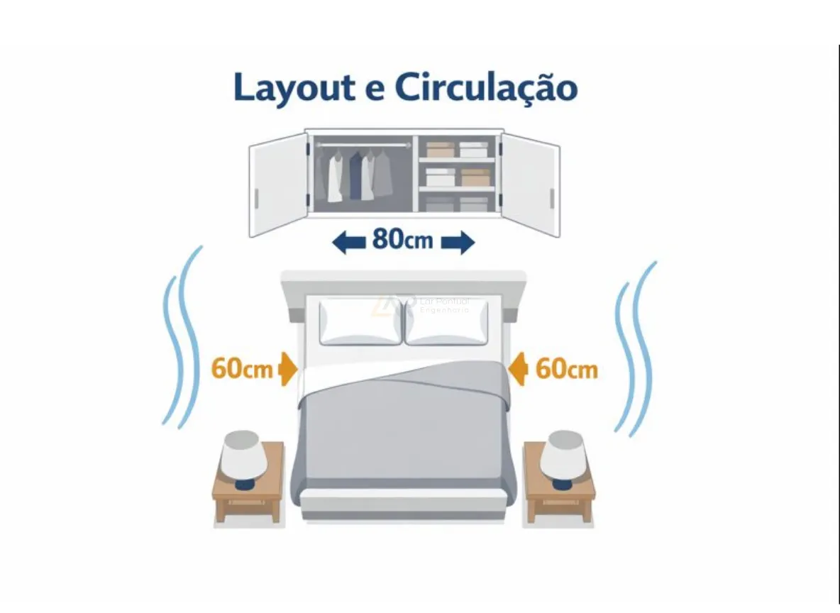 Planta baixa de quarto com medidas de circulação
