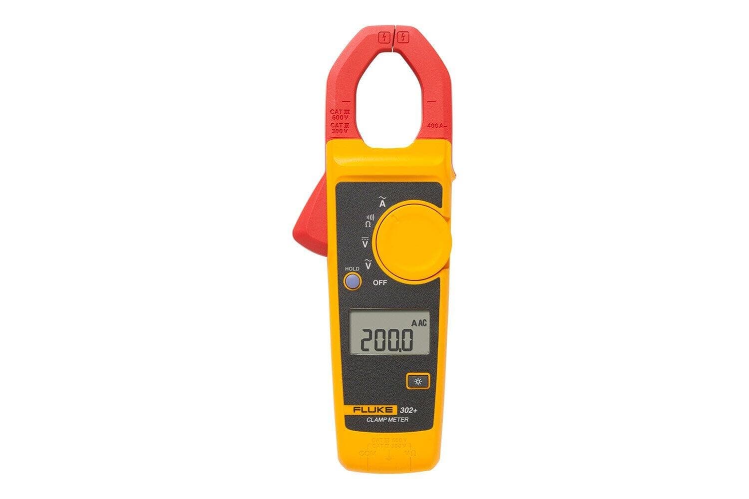 Alicate Amperímetro Fluke-302, CAT IV 300V /CAT III 600V, medição de Corrente Alternada (CA) até 400A, garra de 30mm, visor retroiluminado com função para congelar a medição (hold) e Estojo.