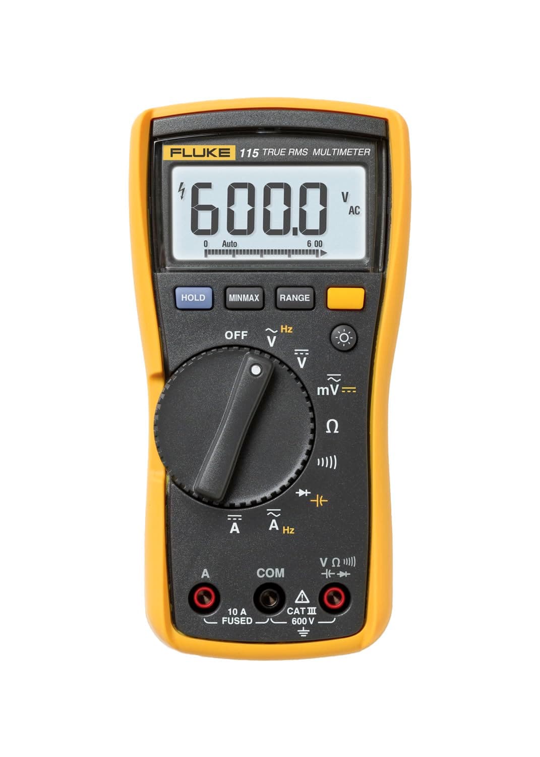 Fluke Multímetro digital 115, mede tensão CA/CC até 600 V e corrente de 10 A, mede resistência, continuidade, frequência e capacitância, inclui bateria, coldre e cabo de teste isolado de PVC de 4 mm Padrão