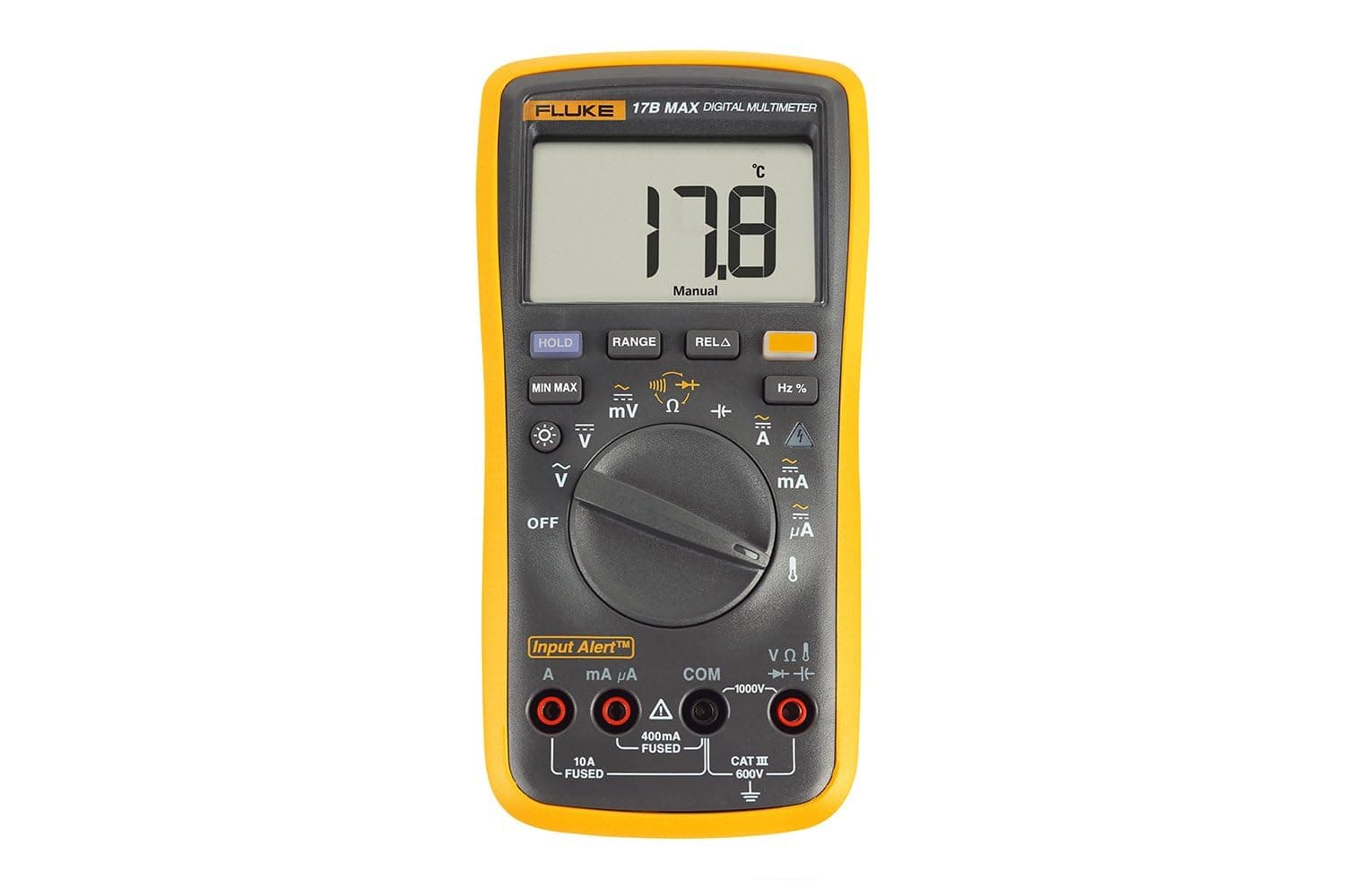 Multímetro FLUKE-17B+, CAT III 600V, medição de Tensão, Corrente, Resistência, Capacitância, Frequência, Temperatura, Tensão Excedida e Ciclo de Serviço, Teste de Diodo e Continuidade.
