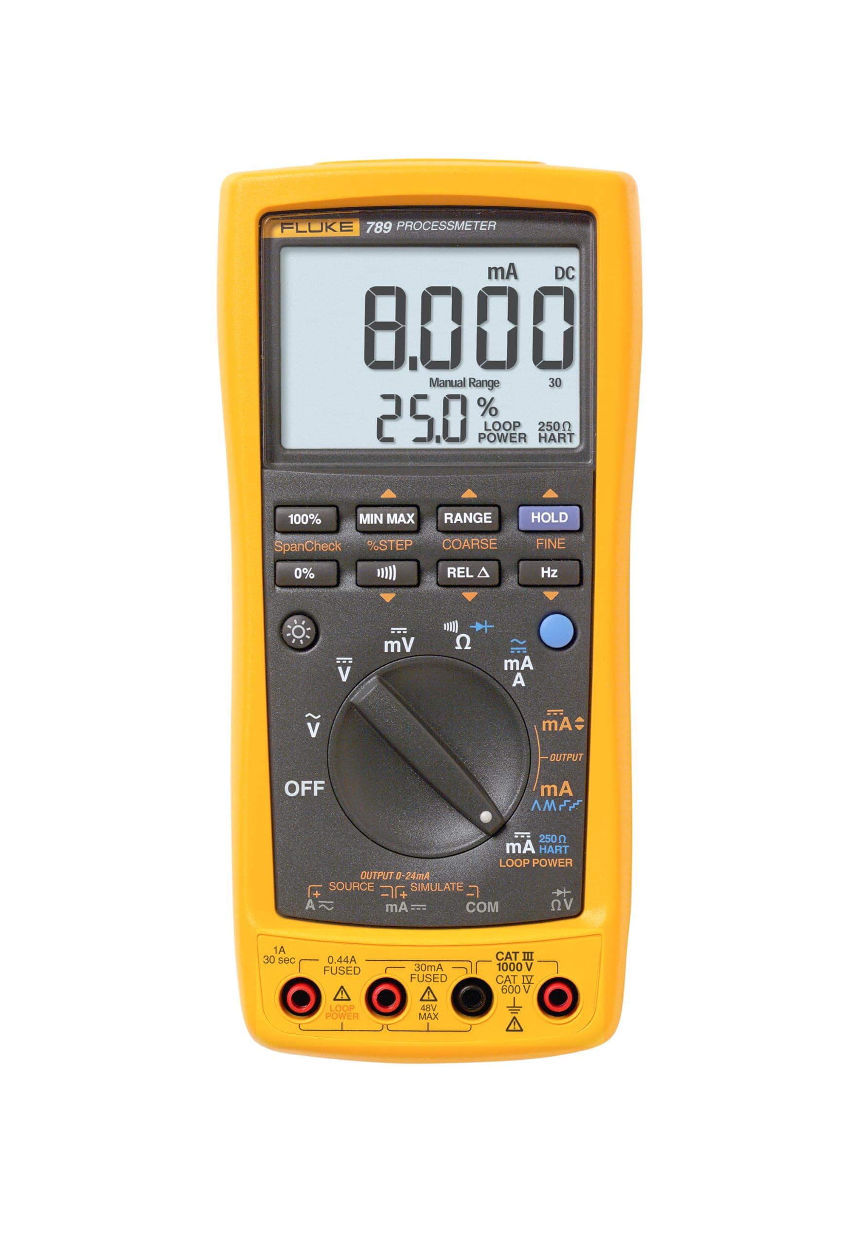 Fluke 789 Processmeter, inclui capacidades padrão DMM, mede, fonte, simula sinais de 4-20 mA e fonte de loop de 24 V integrada